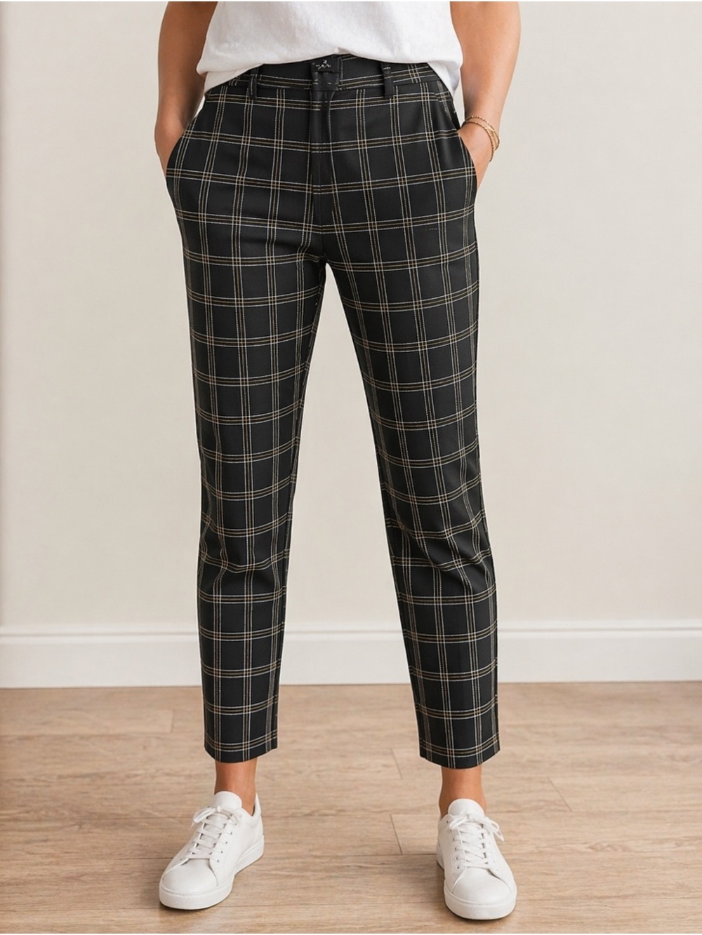 WHBM Black Plaid Slim Trousers